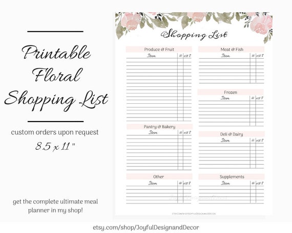 printable grocery list blank shopping list 8 5 x 11in floral shopping planner instant download grocery list with categories pdf jpg printable grocery list blank