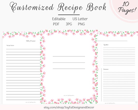 Editable Recipe Template Floral Recipe Book Custom Recipe Etsy