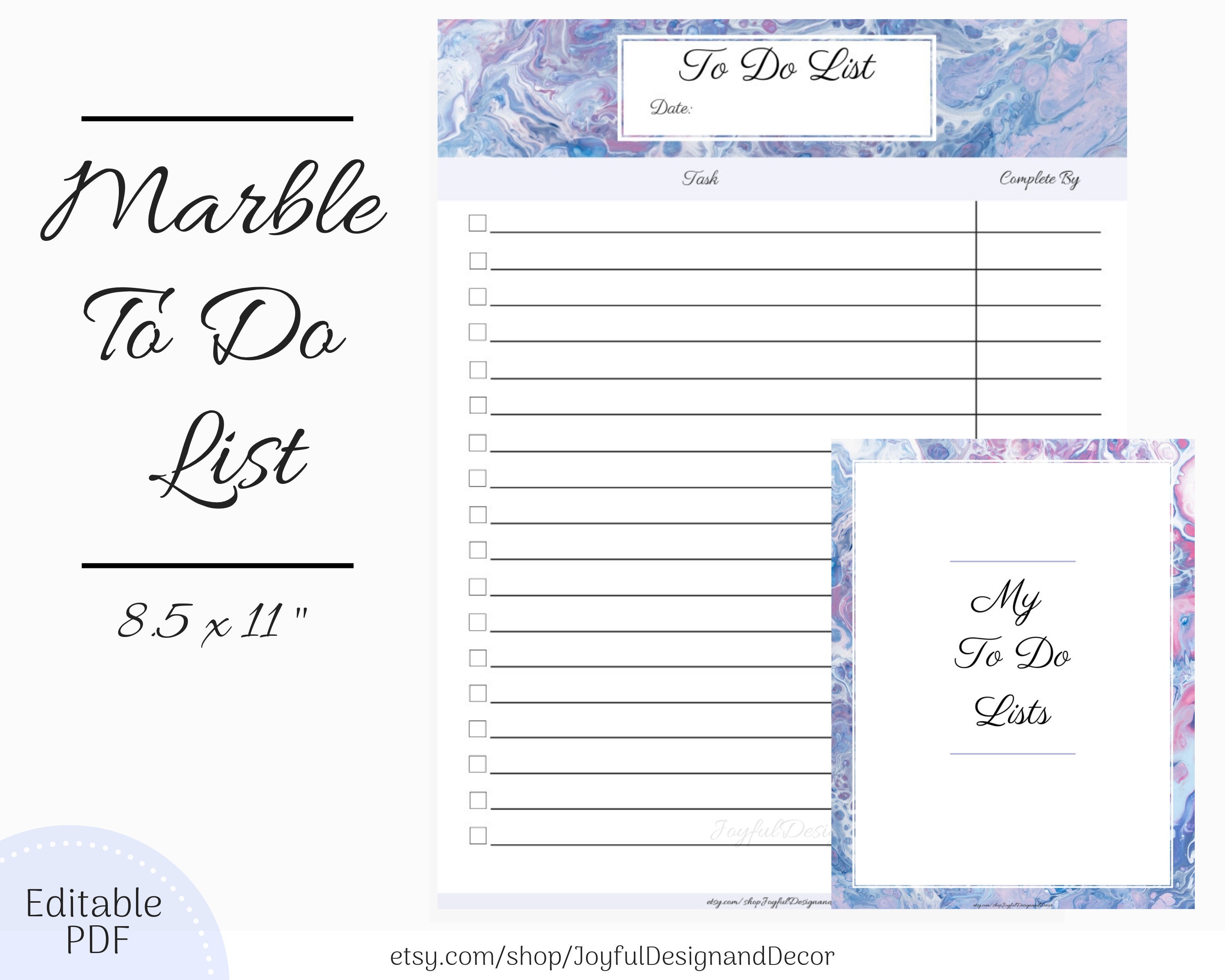 Printable To Do List Marble To Do List Daily Planner Editable PDF Blue and  Purple To Do List Template Note Sheet Templates Task Trackers For Blank To Do List Template