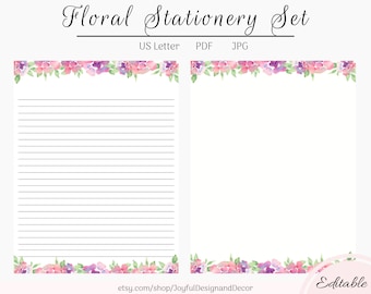 Letter Paper| Printable Pink Stationery| Letter Paper| Editable Stationery| Floral Paper| Pink Stationery| Lined Stationery Set