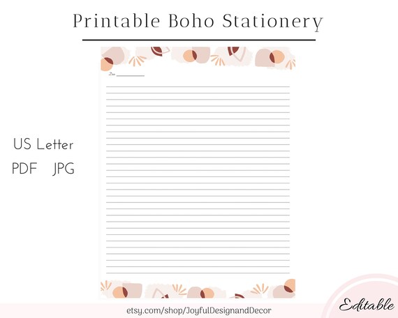 boho lined stationery lined stationery printable boho paper etsy