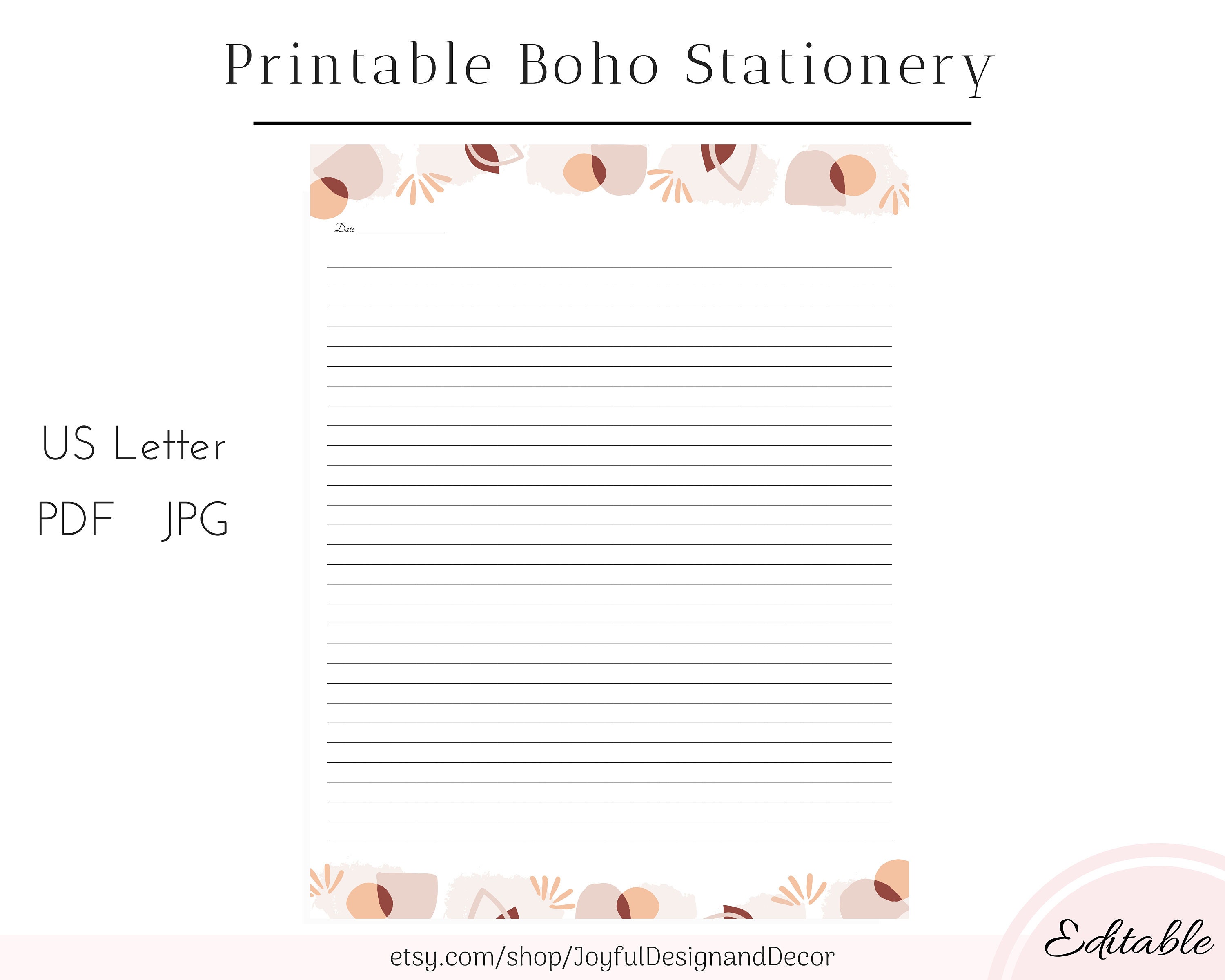 Boho Lined Stationery Lined Stationery Printable Boho Paper | Etsy
