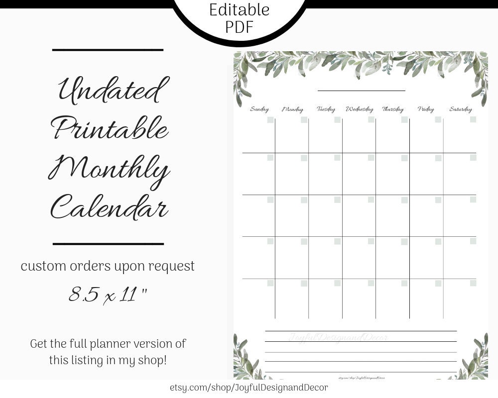 blank greenery monthly calendar editable calendar undated etsy
