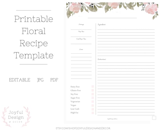 Blank Recipe Book Floral Template, Kitchen Cookbook, Blank Pages