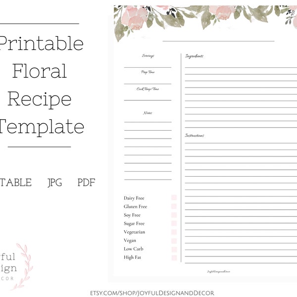 Editable Recipe Page, Floral Printable Recipe Card, Blank Recipe Templates, Recipe Organization, Recipe Storage Ideas, Full Page Recipe Card