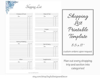 Printable Grocery List Template, Shopping List Template, Floral Grocery List, Printable Store List, Grocery List Template With Categories