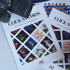 May include: A white brochure with the text "Click Studios Boutique Volume Photographers" and a grid of photos of children playing sports. The brochure has a logo at the bottom that says "Click Studios" with the text "Est. 2017 - New Texas".