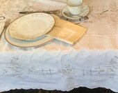 Madeira Linen Tablecloth Vintage Embroidered Cutwork Scalloped Ecru Table Cover 60 quot x 98 quot