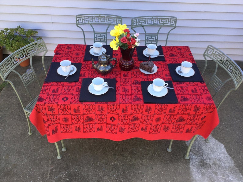 Red Black Print Tablecloth 58 X 60 Vintage Boho Image 0