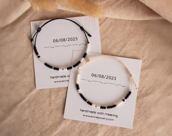 Lot de 2 bracelets pour couples Code Morse : DATE personnalisé avec perles de rocaille noires et blanches