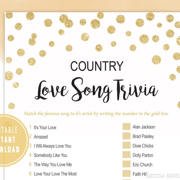 Country Love Song Trivia Game  - Nashlorette - Nashville Bachelorette - Country Bridal Shower - Country Birthday - Virtual Bachelorette Game