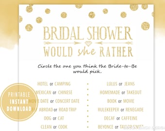 Would She Rather Bridal Shower Game - Printable This or That (Instant Download)