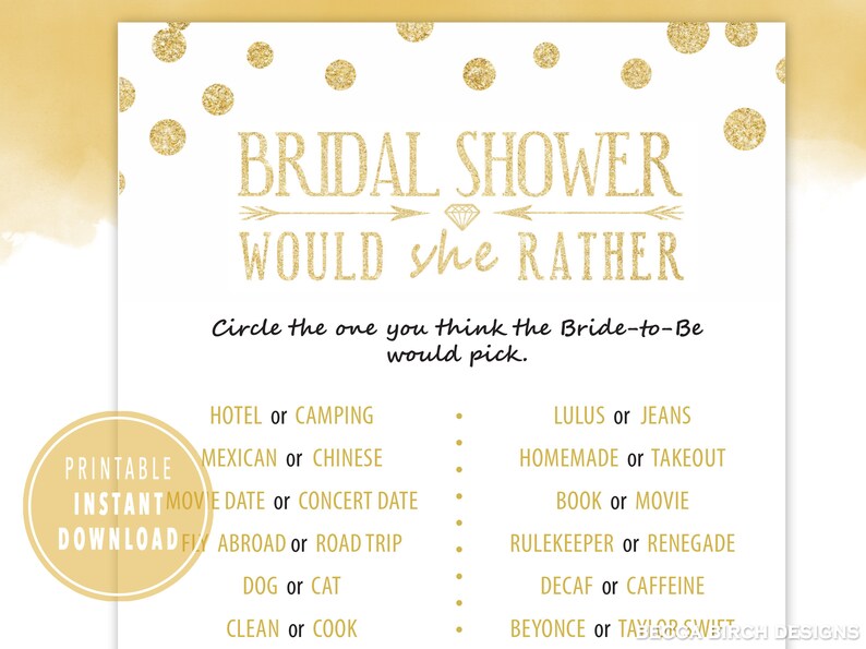 Would She Rather Game This or That Game Wedding Shower Printable Bridal