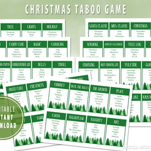 May include: Printable Christmas Taboo game cards with green and white text on a green background. The cards feature Christmas-themed words like "Mistletoe", "Tree", "Lights", "Holiday", "Santa Clause", "Mrs. Clause", "Christmas", "Elf", "Sleigh", "Candy Cane", "Magic", "Caroling", "Scrooge", "Advent Calendar", "Yule Log", "Eggnog", "Wrapping Paper", "Gingerbread", "Bells", "Tinsel", "Stocking", "Hot Chocolate", "Yuletide", "Garland", "Fruit Cake", "Chestnuts", "Chimney", "Deck the Halls", "The Grinch", "Peace", "Lake", "Kris Kringle", "Family", "Cards", "Sugarplum", "Naughty", "Nice".