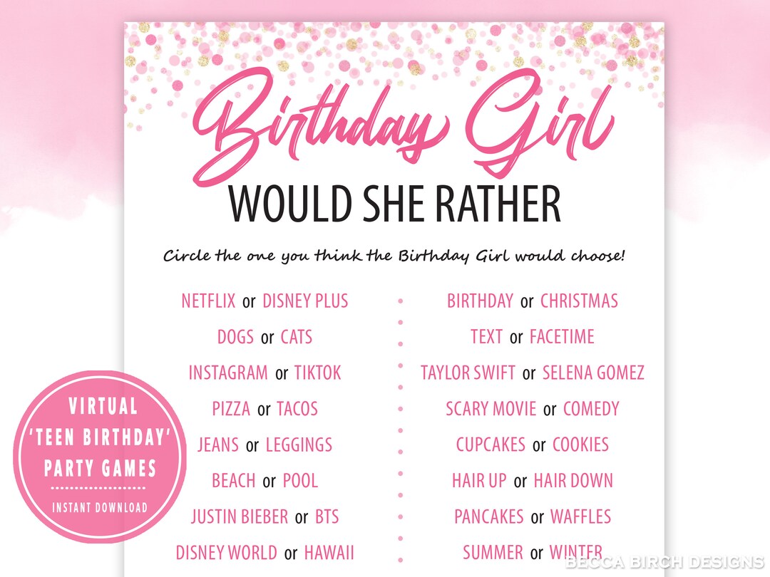 Teen Birthday Would She Rather Game Virtual Birthday Party Sweet 16 ...