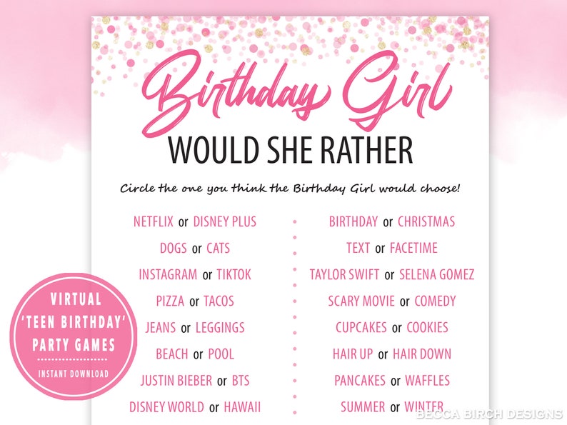 Teen Birthday Would She Rather Game Virtual Birthday Party Sweet 16 Tween Birthday Party Zoom Birthday Game Birthday Girl Games image 1
