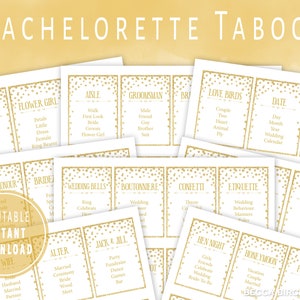 Puede incluir: Un conjunto de tarjetas de juego de despedida de soltera imprimibles con confeti dorado sobre fondo blanco. Las tarjetas presentan varios temas relacionados con la boda, como "Invitación", "Damas de honor", "Pasillo", "Padrinos", "Pájaros enamorados", "Fecha", "Ensayo", "Damas de honor", "Novia", "Campanas de boda", "Boutonniere", "Confeti", "Etiqueta", "Huida", "Despedida de soltera", "Luna de miel", "Propuesta", "Altar", "Jack & Jill" y "Banda del novio".