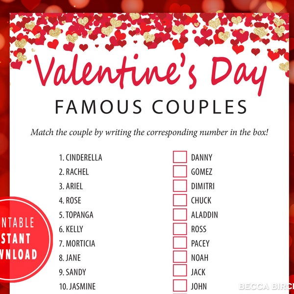 Famous Couples Game - Valentine's Day - Galentine's Day Games - Valentine's Party - Sleepover Party - Classroom Activity - V-Day for kids