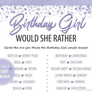 Teen Birthday Would She Rather Game - Virtual Party (Digital Download)