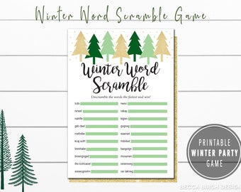 May include: A printable Winter Word Scramble game with a gold glitter border. The game features a green and gold tree design at the top, with the words "Winter Word Scramble" in black script. The game includes word unscramble prompts.