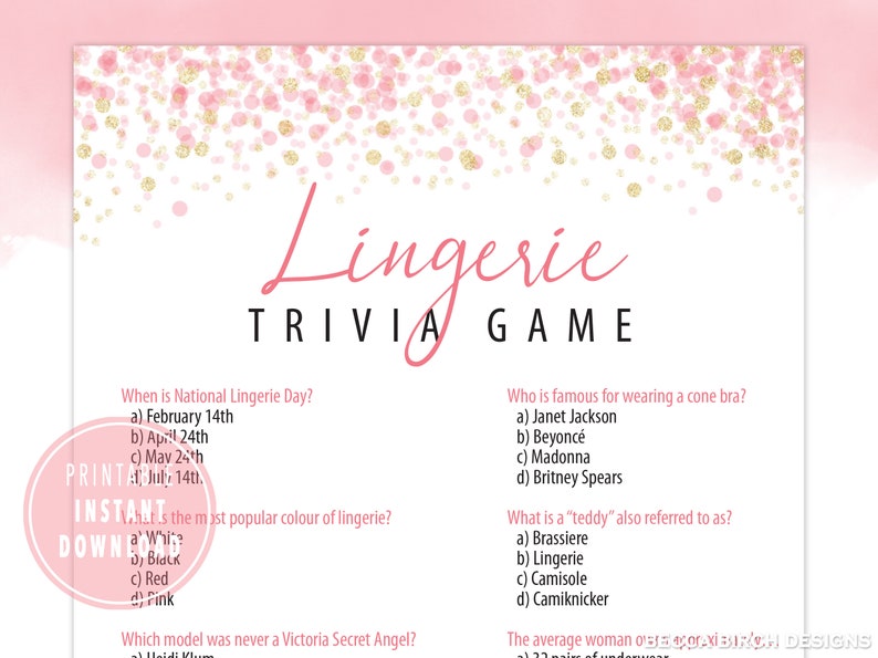 Lingerie Trivia Game Bachelorette Party Game Bridal Shower Game ...