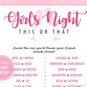 Girls Night This or That Game - Printable Girls Night Games - Valentine&#39;s Day - Galentine&#39;s Day Games - Zoom Girls Night - Printable Games