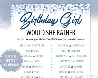 Teen Birthday Would She Rather Game - Printable Party Game (Digital Download)