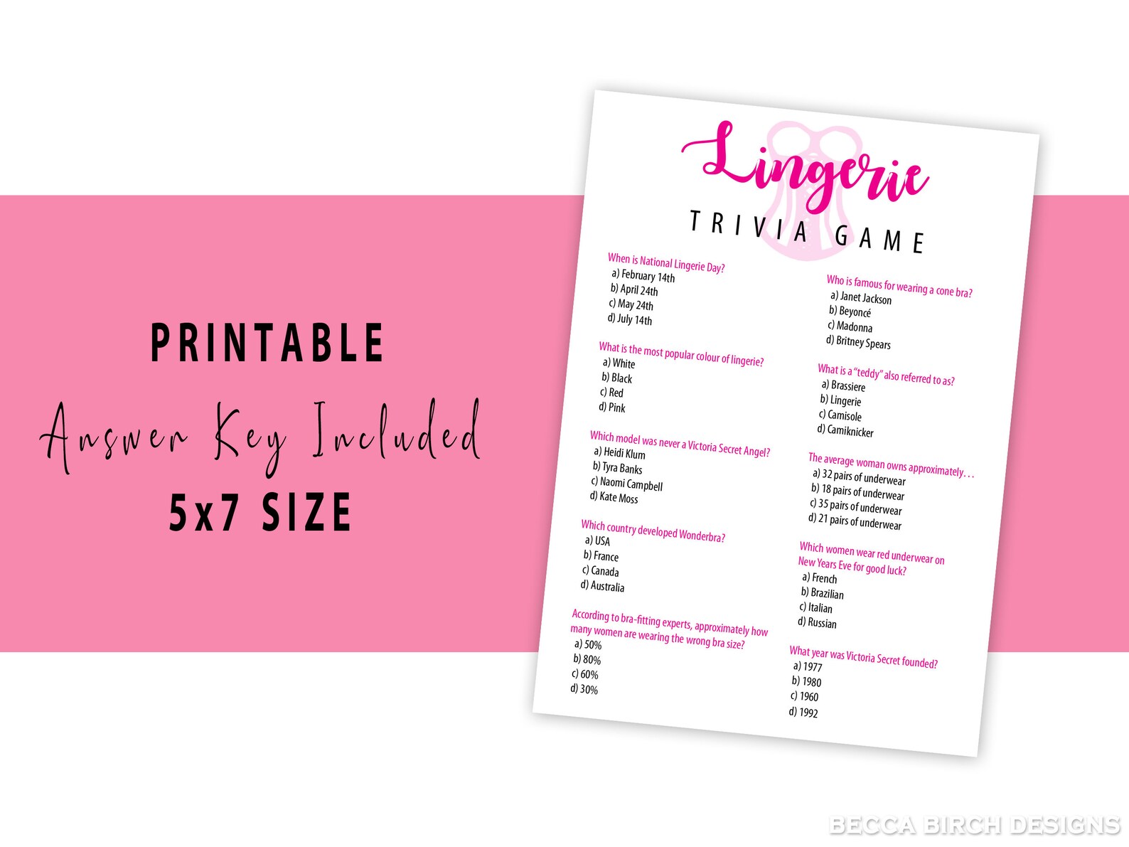 Lingerie Trivia Game - Bachelorette Party Game - Lingerie Shower Game ...