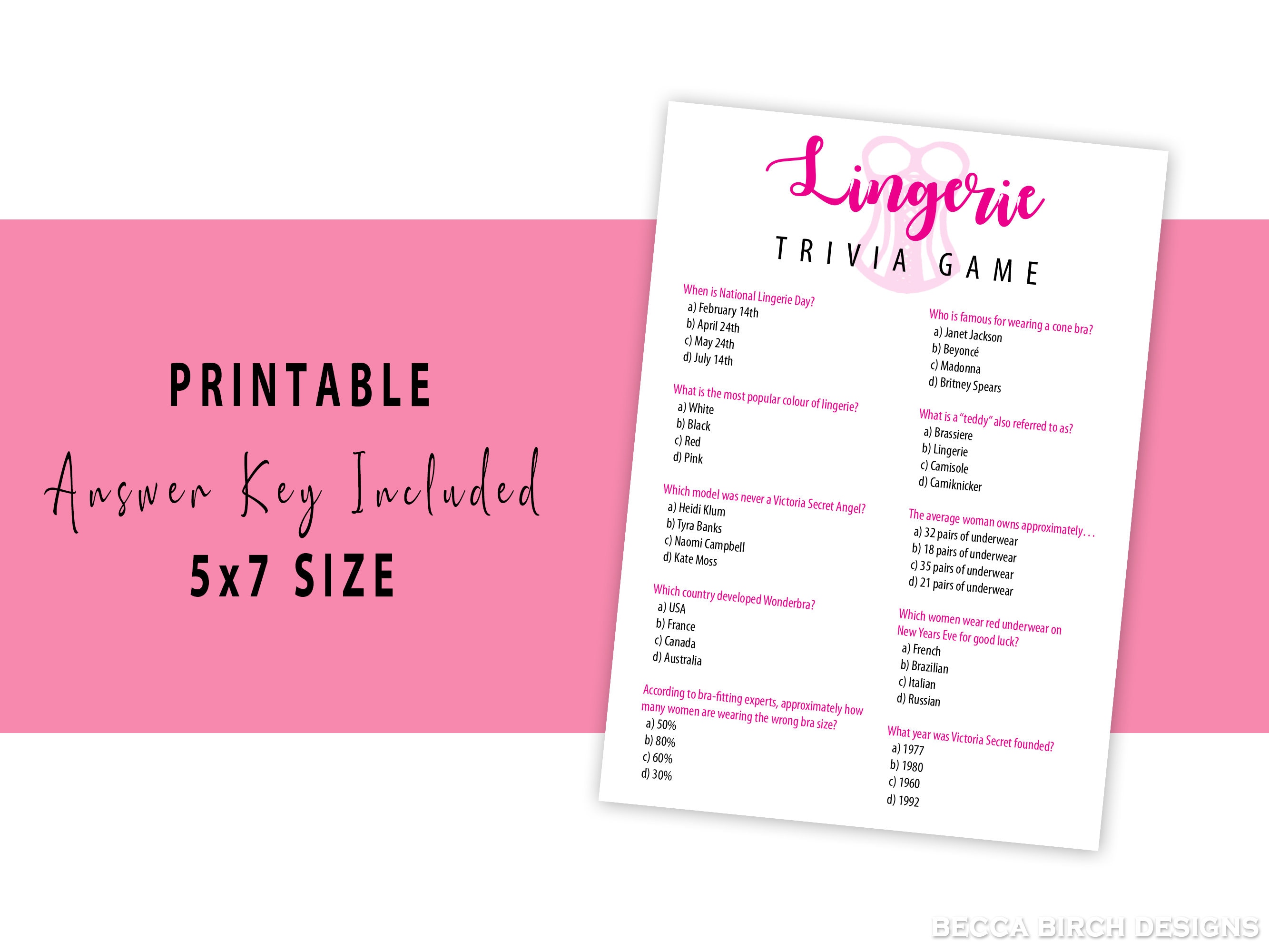 Lingerie Trivia Game - Bachelorette Party Game - Lingerie Shower Game ...