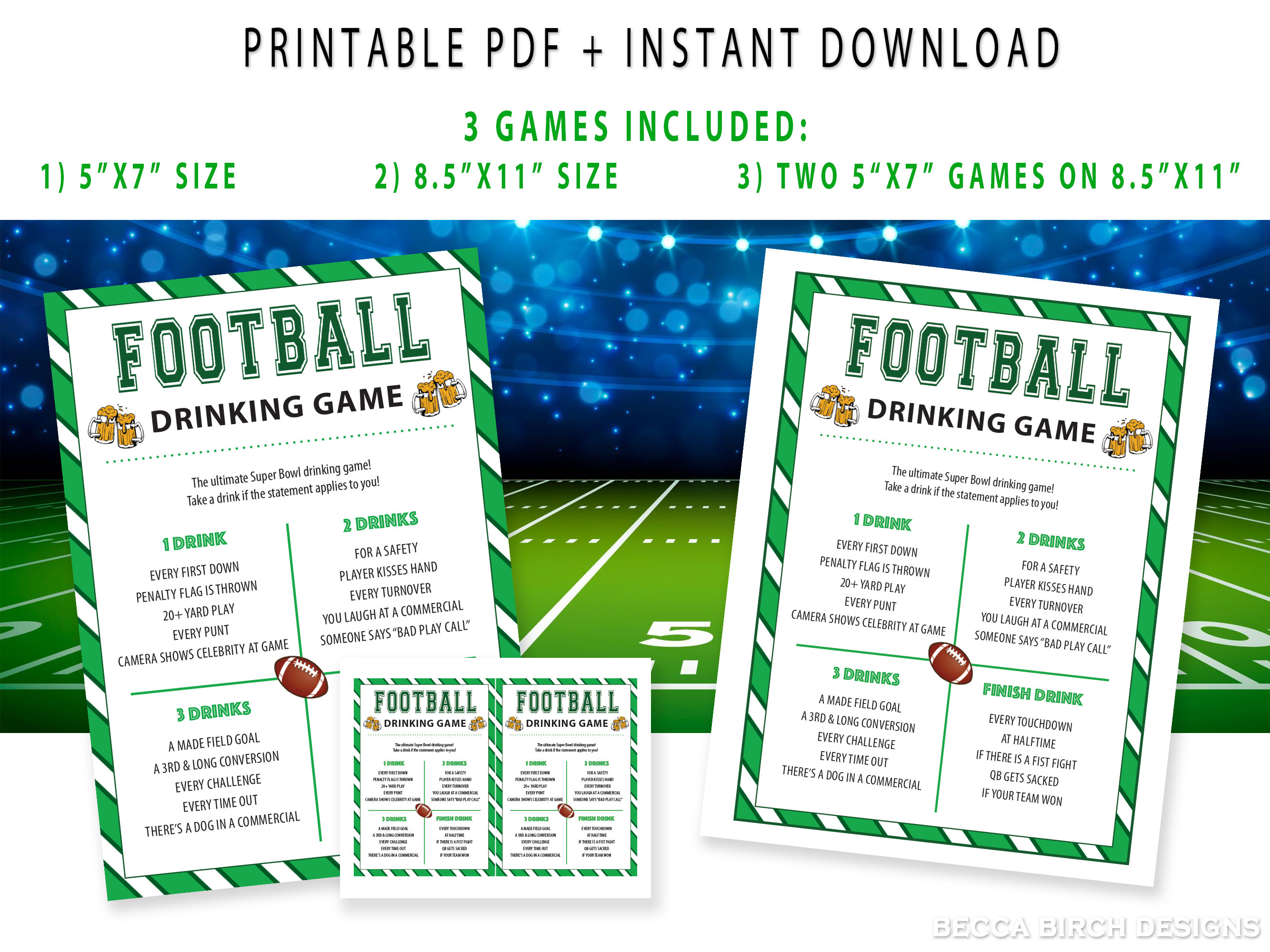 super bowl football drinking game | printable party game (pdf) - etsy