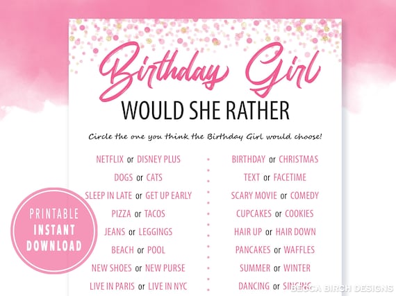 Teen Birthday "Would She Rather" Game – Printable Party Game (Digital Download)
