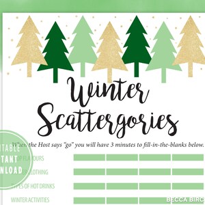 Winter Scattergories Game - Printable Game - Birthday Games - Classroom Game - Winter Games - Instant Download - Winter Bridal Shower