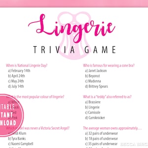 Lingerie Trivia Game - Bachelorette Party Game - Lingerie Shower Game ...