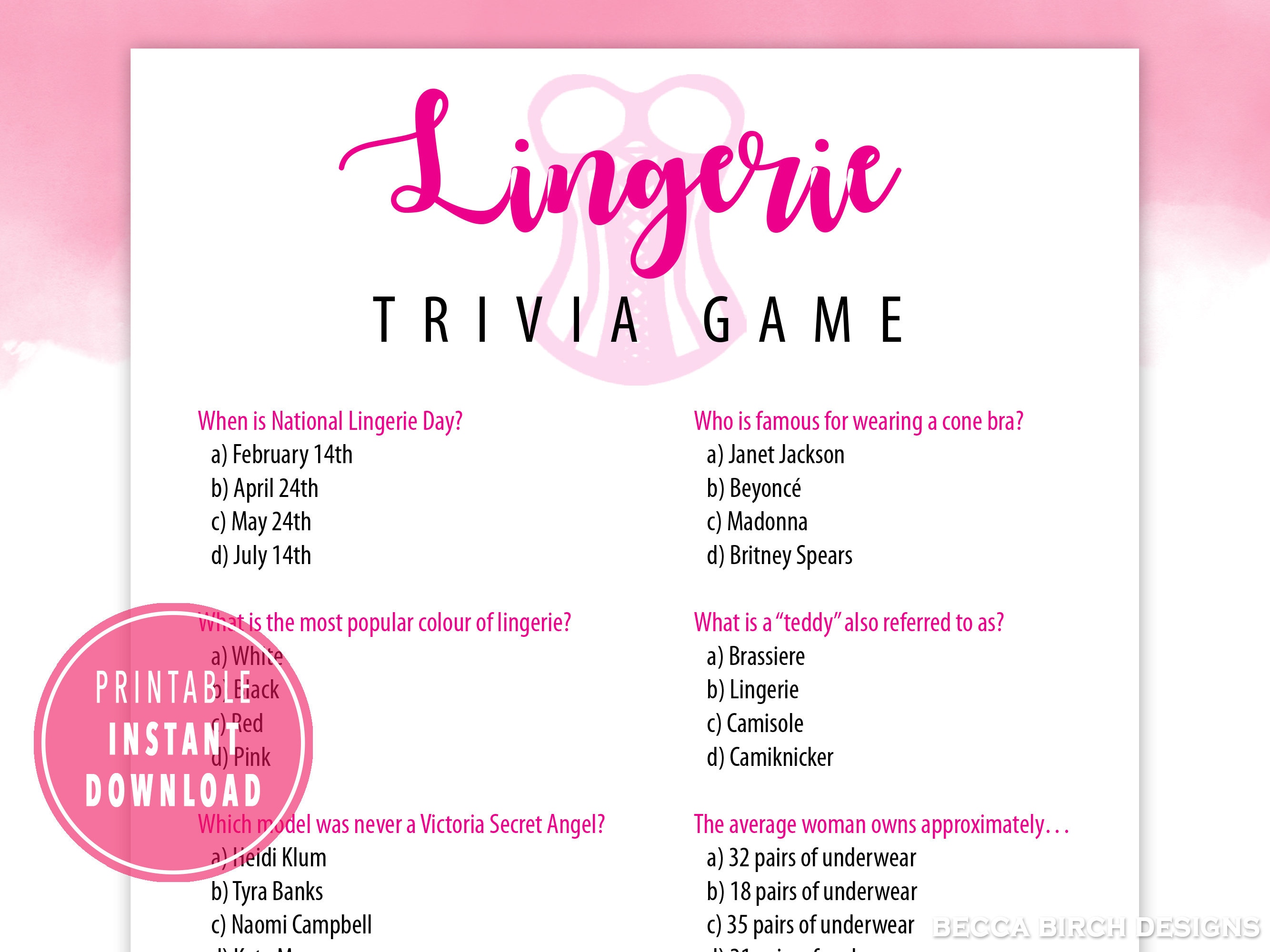 Lingerie Trivia Game Bachelorette Party Game Lingerie | Etsy