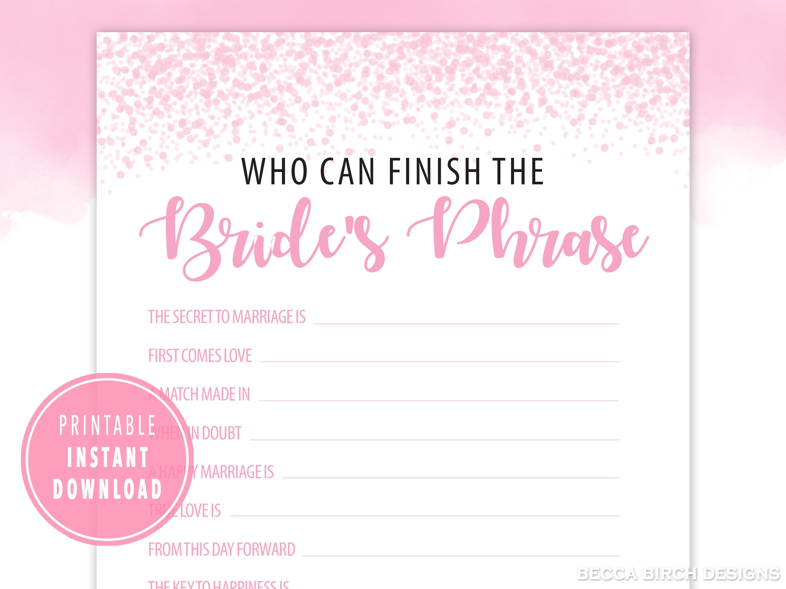 Finish the Bride's Phrase Printable Bridal Shower Game - Etsy
