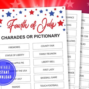 4th Of July Charades or Pictionary | Fourth of July Games For Kids, Teens and Adults | Memorial Day Game | Printable Charades | 4th of July