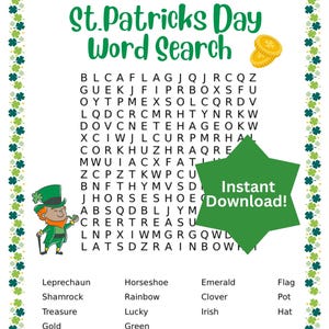St. Patrick&#39;s Day Word Search, March Word Search, St. Patricks Day Activities