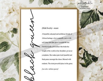 Black Queen Definition Printable Art - Cursive Empowering African-American Wall Art - Modern Minimalist Inspirational Digital Download