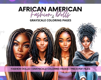 Fashion Dolls Clipart (12) | Black Girl Locs |  | Beautiful African American Women Illustration | Grayscale Coloring Pages | Planner Girls