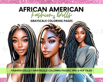 Fashion Dolls Clipart (12) | Black Girl Locs |  | Beautiful African American Women Illustration | Grayscale Coloring Pages | Planner Girls