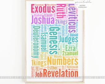 Books of the Bible, Printable Art, Digital Download, Religion, Colorful Modern Christian Art, King James, Spiritual, New and Old Testament