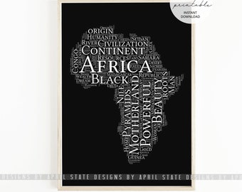 Africa Map, Printable, Typography Word Art, Continent Art, African artwork, Black History Gifts, Self love art, Map of Africa, Culture