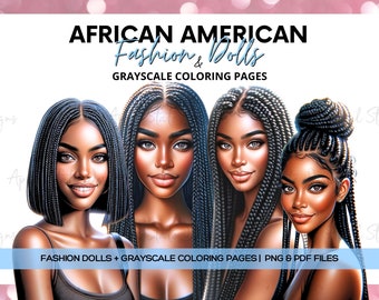 Fashion Dolls Clipart (12) | Black Girl Braids | Beautiful African American Women Illustration | 12 Grayscale Coloring Pages | Planner Girls