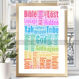 May include: A colorful word cloud art print with the words "Bible", "Hebrew", "Lost", "Hidden", "Tribe", "Yah", "God", "Kingdom", "Jerusalem", "Jews", "Judah", "Israelites", "Bloodline", "Lineage", "Culture", "Truth", "History", "Melanin", "Descent" and more. The words are arranged in a rainbow pattern.
