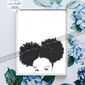 Black Girl Afro Puff Printable Art - Curly Natural Hair Wall Art - African American Black Woman Silhouette Empowerment Digital Download