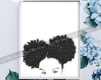 Black Girl Afro Puff Printable Art - Curly Natural Hair Wall Art - African American Black Woman Silhouette Empowerment Digital Download