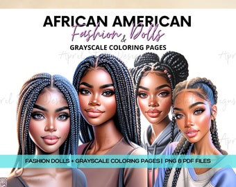 12 Black Girl Braids Fashion Dolls Clipart | Beautiful African American Women Illustration | 12 Grayscale Coloring Pages | PNG Clipart Color