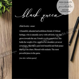 Black Queen Cursive Definition Art Printable Art -  African American Black Woman Typography Print - Melanin Print Digital Download Black Art