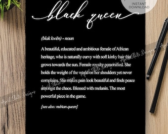 Black Queen Cursive Definition Art Printable Art -  African American Black Woman Typography Print - Melanin Print Digital Download Black Art