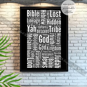 Arte imprimible con palabras de la Tribu Perdida de Israel - Nube de palabras bíblicas de la Tribu de Judá - Judíos israelitas hebreos - Arte tipográfico inspirado en la Biblia